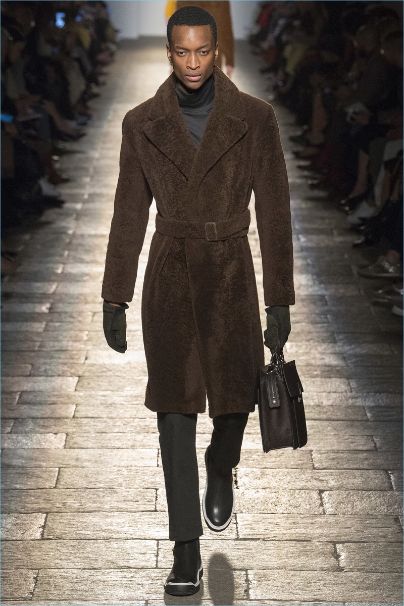The belted coat shines as a hero piece for Bottega Veneta's fall-winter 2017 collection.