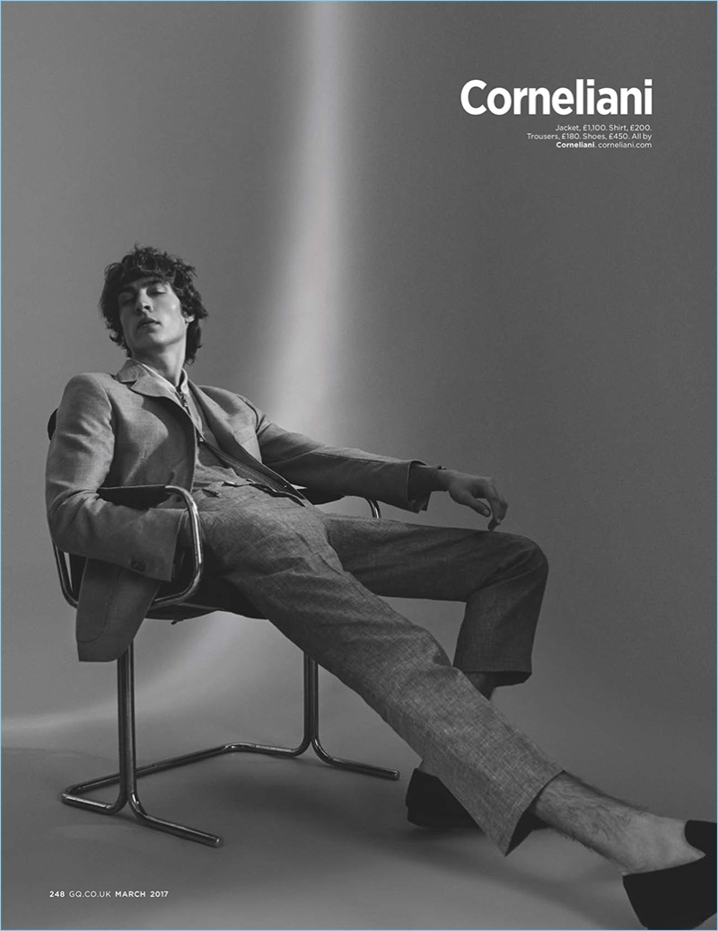 Tim Dibble dons tailoring from Corneliani for British GQ.
