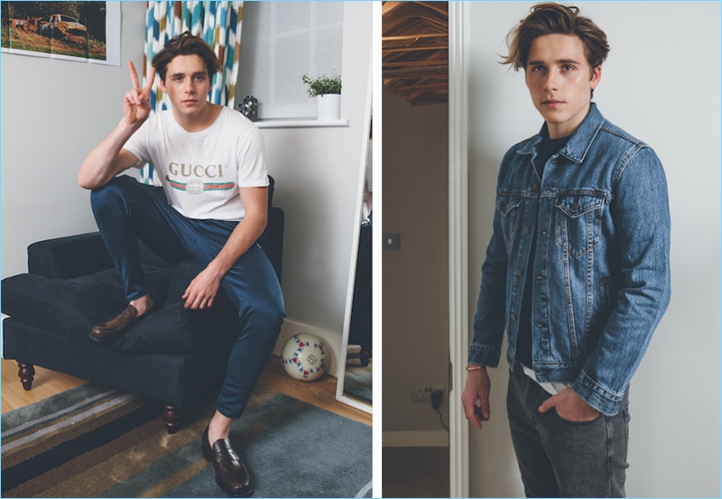 Left: Brooklyn Beckham wears a Gucci t-shirt with Ellesse tracksuit pants, and Church's leather loafers. Right: Brooklyn sports a Levi's denim jacket with a Calvin Klein Jeans t-shirt and Cartier bracelets. He also sports a sweater and denim jeans by Saint Laurent.