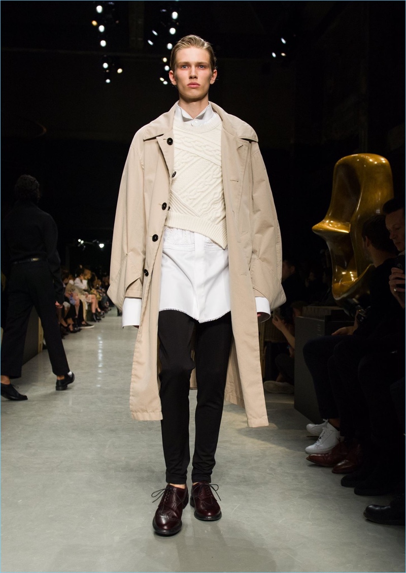 A unisex car coat is front and center for Burberry's spring 2017 outing.