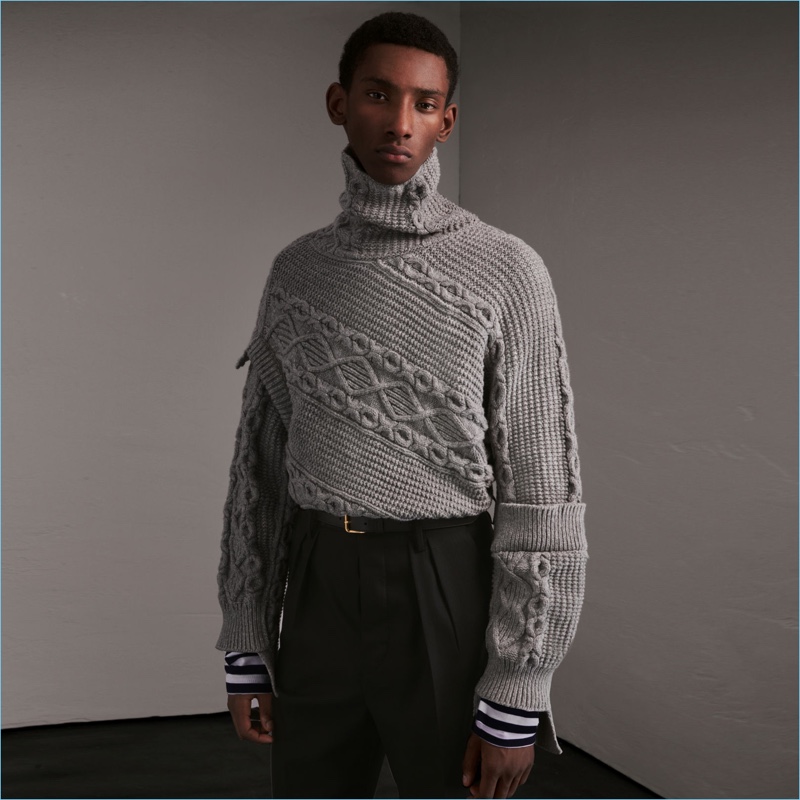 Model Myles Dominique wears Burberry's statement cable-knit sweater, inspired by the work of sculptor Henry Moore.