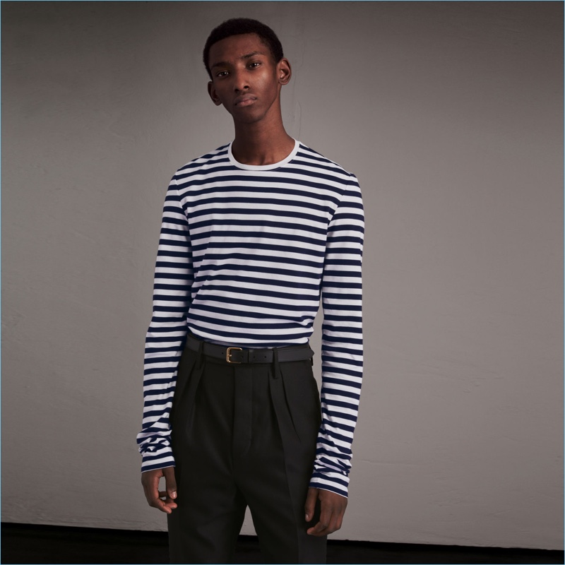 Burberry goes unisex with a nautical Breton striped long-sleeve tee from its February 2017 collection.