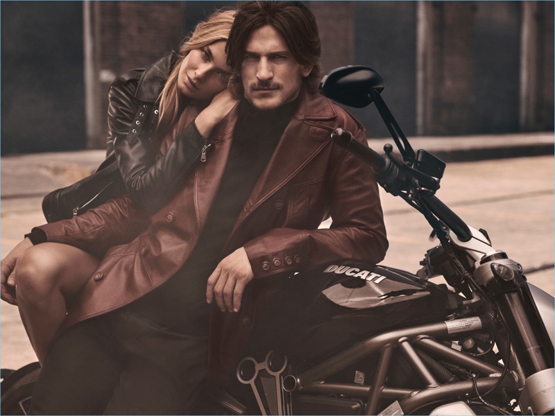 Relaxing on a motorcycle, Jarrod Scott and Bridget Malcolm star in Calibre's fall-winter 2017 campaign.