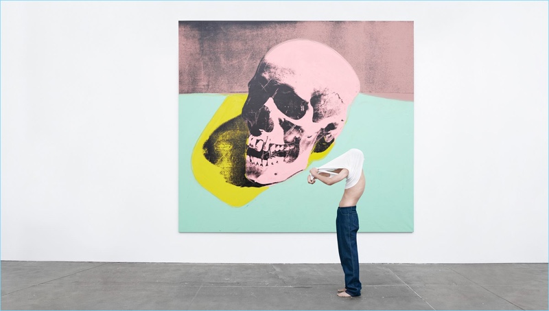 Willy Vanderperre photographs a model in front of Andy Warhol's Skull for Calvin Klein's American Classics campaign.