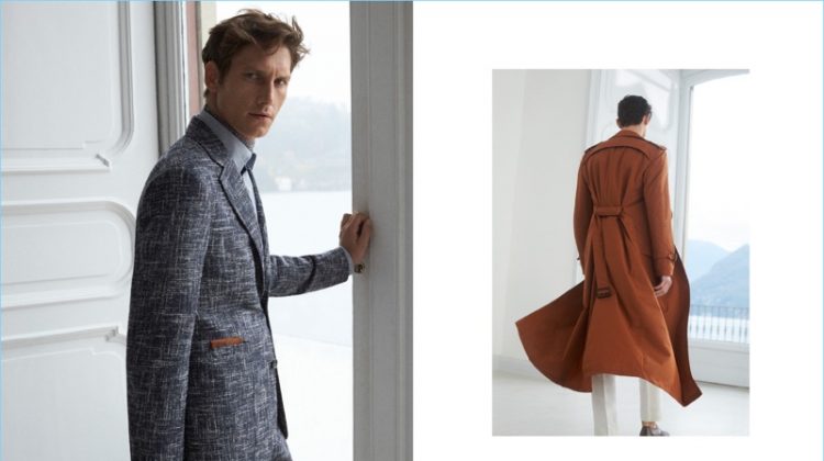 Roch Barbot wears a textured wool-cotton suit and blue shirt for Canali's spring-summer 2017 campaign. Meanwhile, Arthur Gosse sports a stunning trench coat from the Italian label.