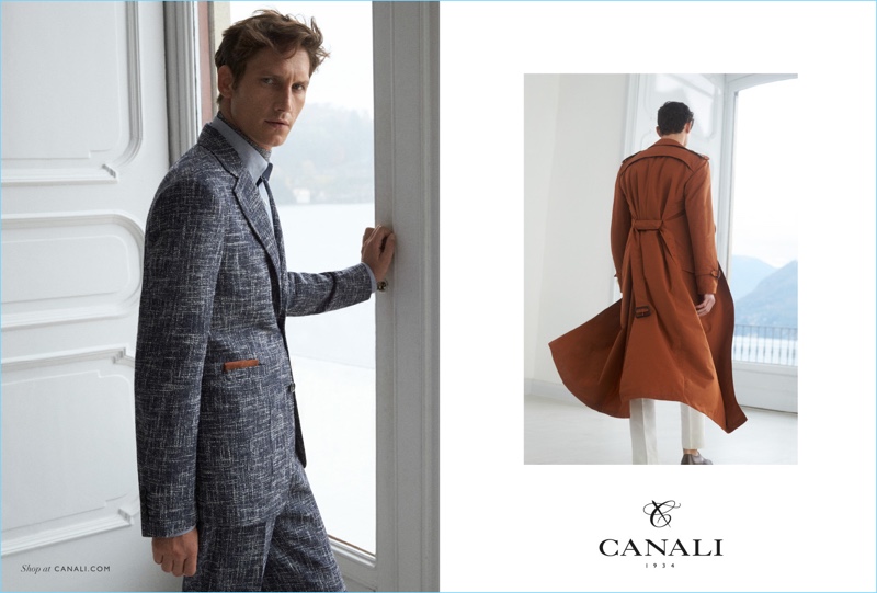 Roch Barbot wears a textured wool-cotton suit and blue shirt for Canali's spring-summer 2017 campaign. Meanwhile, Arthur Gosse sports a stunning trench coat from the Italian label.