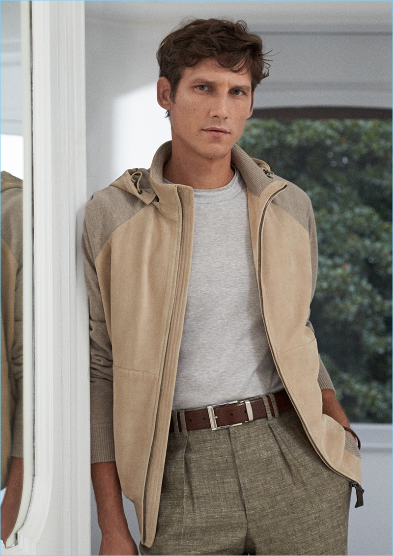 Embracing spring neutrals, Roch Barbot is a chic vision in the latest fashions from Canali.