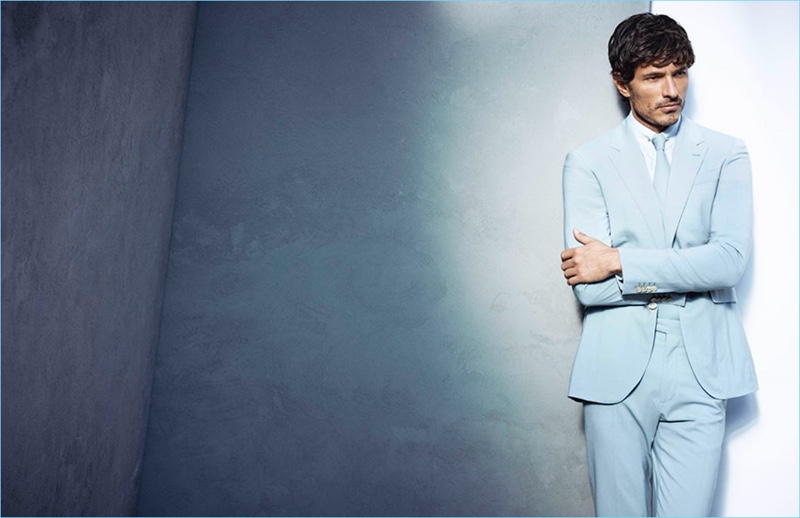 Model Andres Velencoso sports a light blue suit for Cerruti 1881's spring-summer 2017 campaign.