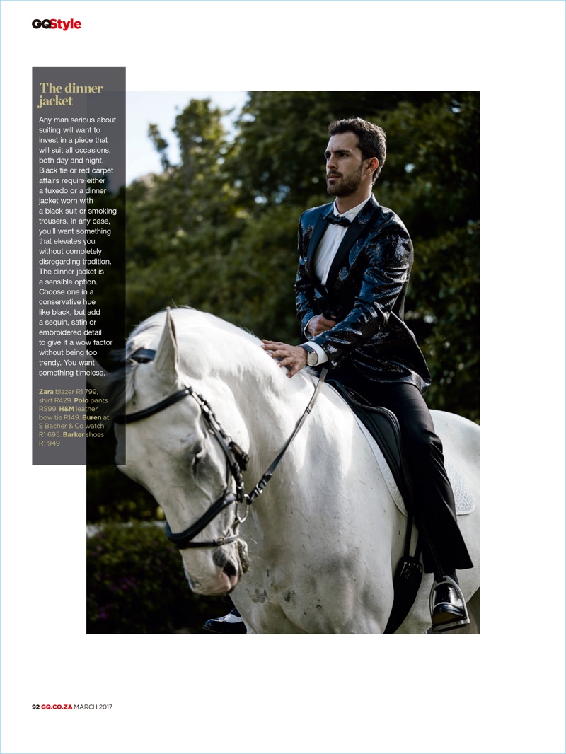 Riding a horse, Clint Mauro wears a shirt and sequined Zara blazer with POLO Ralph Lauren trousers.