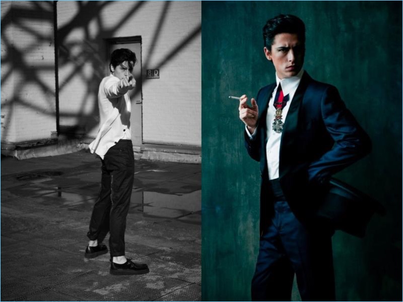 Left: Cole Sprouse makes a confident pose in Louis Vuitton. Right: Sprouse wears a dashing tuxedo by Tom Ford.