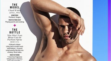 Cosmopolitan Brings Back 'Models + Bottles' with Chad White + More Chad White goes shirtless with an oversized bottle of Miu Miu L'Eau Bleue.