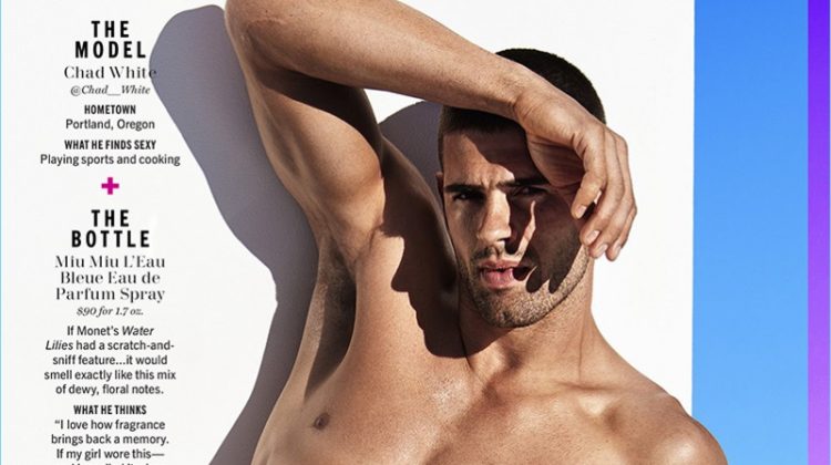 Chad White goes shirtless with an oversized bottle of Miu Miu L'Eau Bleue.