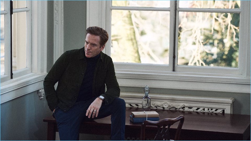Eilidh Greig outfits Damian Lewis in an Oliver Spencer suede jacket, Acne Studios sweater, and Brunello Cucinelli trousers.