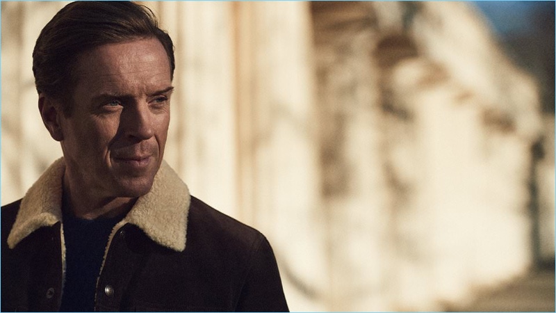  Damian Lewis sports a Tom Ford shearling-trimmed suede jacket and Tod's sweater.