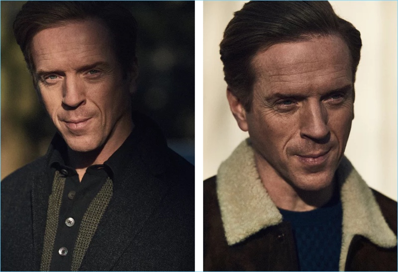 Left: Damian Lewis wears a Prada overcoat with a Tom Ford polo. Right: Lewis sports a Tom Ford shearling-trimmed suede jacket and Tod's sweater.