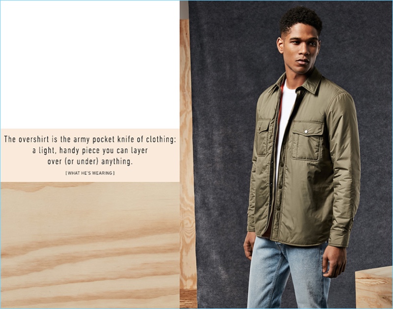 Tapping into military style, Kadeem Fisher wears a Rag & Bone jacket, Our Legacy jeans, and a Vince t-shirt.