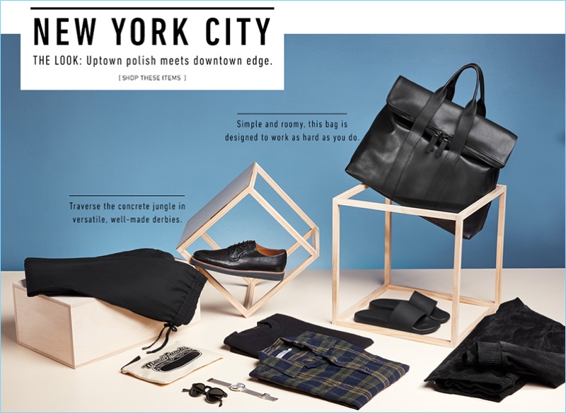 New York City: Fashions go dark for an urban landscape. Left to Right: Public School joggers, Marc Jacobs pouch, Oliver Peoples sunglasses, Michael Kors watch, Vince derbies, T by Alexander Wang t-shirt, Vince button-down shirt and slides, 3.1 Phillip Lim bag, and Calvin Klein Collection bomber jacket.