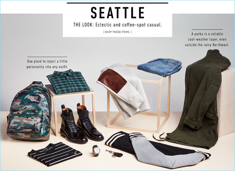 Seattle: Cool weather and a laid-back attitude bring forth casual staples. Left to Right: Uri Minkoff backpack, Public School button-down shirt, George Brown Bilt boots, Todd Snyder t-shirt, Shinola watch, Michael Kors key fob, Rag & Bone varsity jacket, Billy Reid sweatshirt, Ovadia & Sons jeans, and Vince parka.