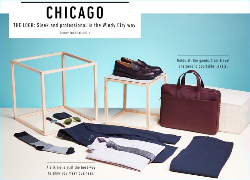 Chicago: East Dane champions pieces for the constant professional. Left to Right: The Tie Bar socks, Shinola watch, Jack Spade wallet, Oliver Peoples sunglasses, Theory suit jacket, Gitman Vintage shirt, The Tie Bar knit tie, George Brown Bilt loafers, Jack Spade briefcase, and Theory suit trousers.