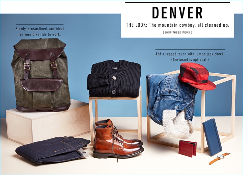 Denver: Western style is elevated with modern essentials. Left to Right: Filson rucksack, Rag & Bone jeans, To Boot New York boots, Theory cardigan, Current/Elliott jacket, Filson cap, Shinola wallet and journal, and Michael Kors watch.