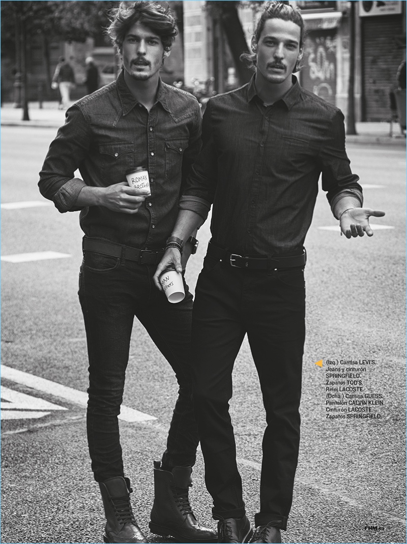 Appearing in a photo with his twin brother, Edu Roman wears a Levi's shirt, Lacoste watch, Tod's boots, Springfield jeans and belt. Jorge wears shirt GUESS by Marciano, pants Calvin Klein, belt Lacoste, and shoes Springfield.
