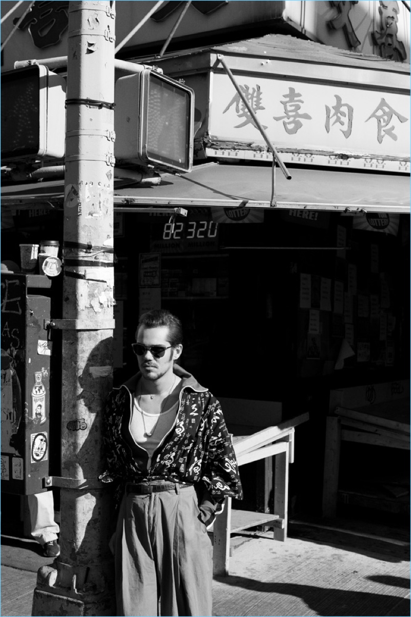 Terry Richardson photographs Ellar Coltrane in a vintage Kimono with a Burberry jacket, Ray-Ban sunglasses, and Dries Van Noten trousers.