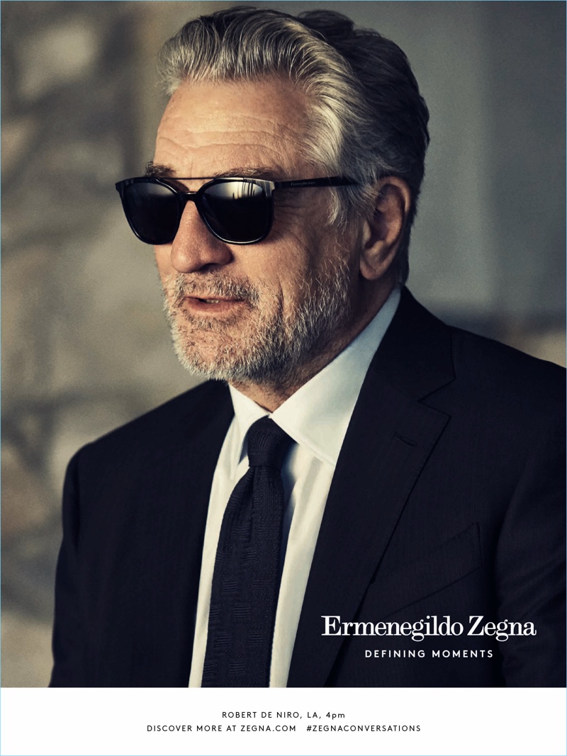Robert De Niro is a cool vision in a traditional black suit and sunglasses for Ermenegildo Zegna's Defining Moments campaign.