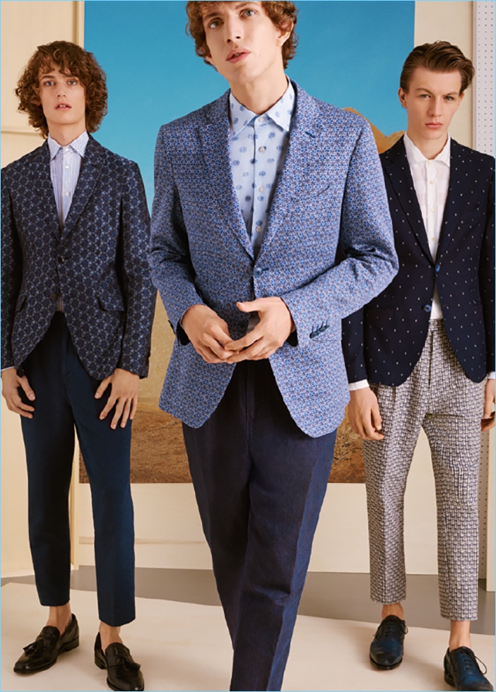 Ilja van Vuuren, Xavier Buestel, and Finnlay Davis don printed suits for Etro's spring-summer 2017 campaign.