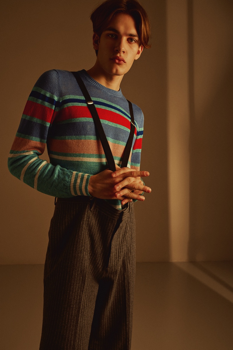 Frederik wears sweater Diesel, suspenders and pants H&M.