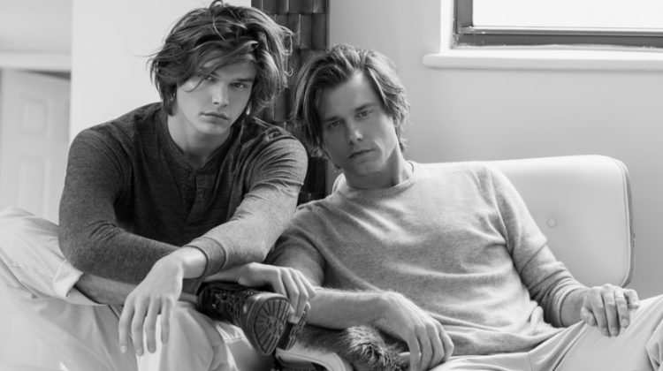 Son and father model duo, Jesse and Thom Gwin wear J.Crew.
