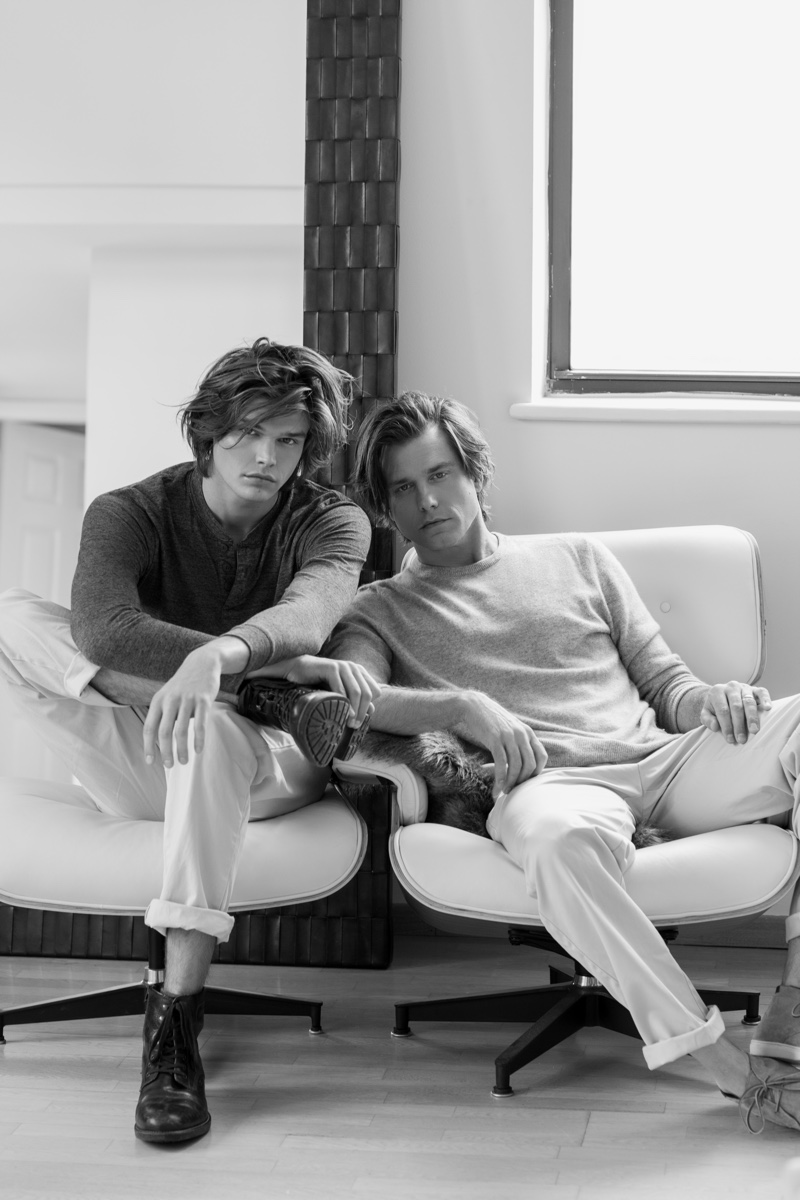 Son and father model duo, Jesse and Thom Gwin wear J.Crew.