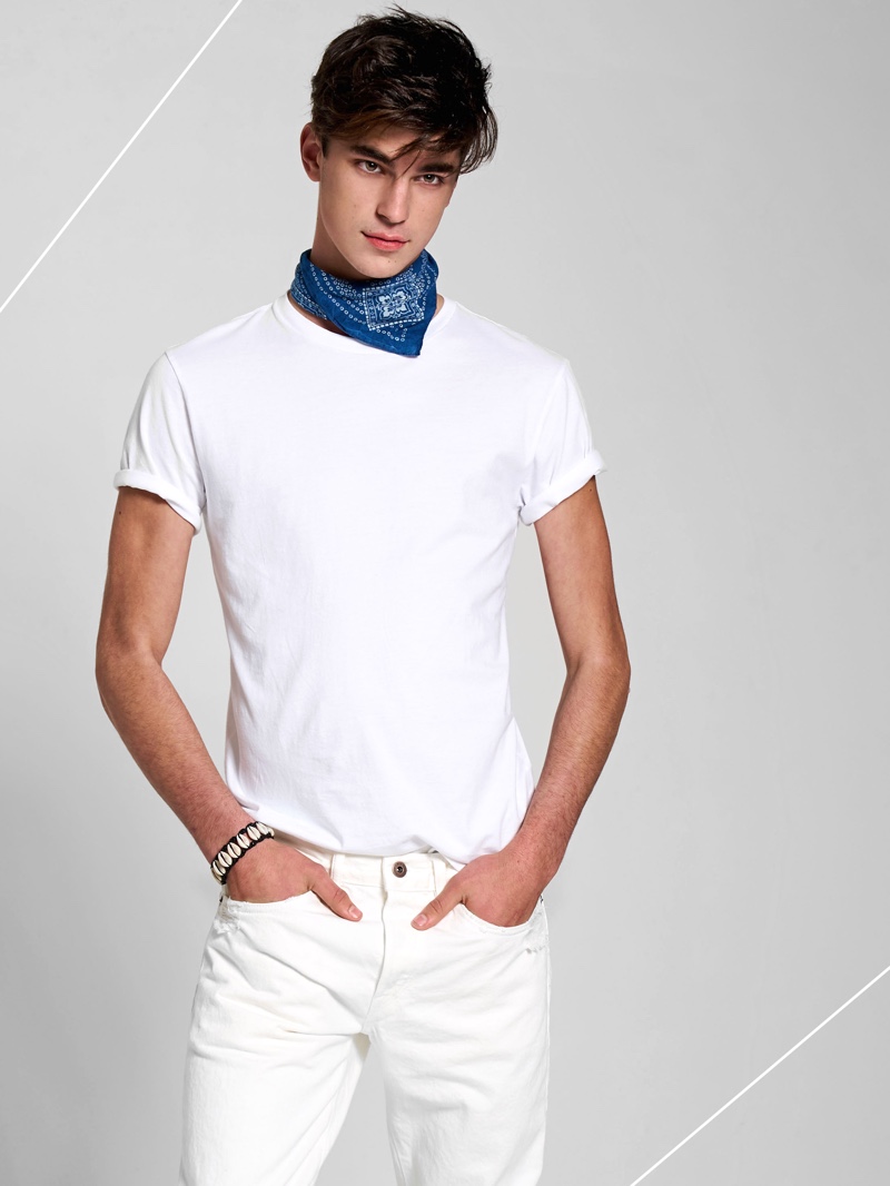 Joshua wears bandana RRL, t-shirt J.Crew, bracelet 81stgeneration, and denim jeans Simon Miller.