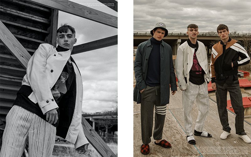 Left: Dylan wears t-shirt Off-White, jacket and pants Ann Demeulemeester from Traffic at The Joule. Pictured Left to Right: Holden wears coat COS, sweater Norse Projects from East Dane, sweatpants Thom Browne from Traffic at The Joule, slippers UGG, and bucket hat Converse. Dylan wears slide sandals Under Armour, t-shirt Off-White, jacket and pants Ann Demeulemeester from Traffic at The Joule. Brad wears jacket Neil Barrett from Traffic at The Joule, shirt Alexander Wang, pants Zanella from Nordstrom, and shoes Tretorn.