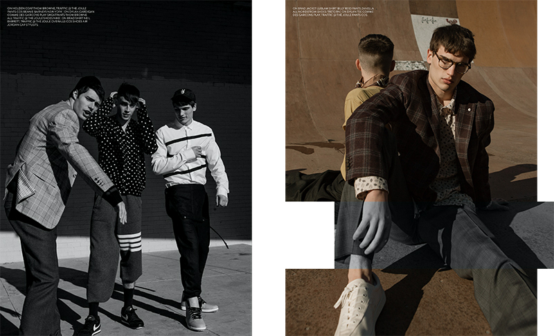Left (Pictured Left to Right): Holden wears coat Thom Browne from Traffic at The Joule, pants COS and knit beanie Barneys New York. Dylan wears cardigan Comme des Garçons Play, sweatpants Thom Browne from Traffic at The Joule, and shoes Nike. Brad wears shirt Neil Barrett from Traffic at The Joule, overalls COS, shoes Air Jordan, and cap stylist's own. Right (Left to Right): Brad wears jacket Lublam, shirt Billy Reid, pants Zanella from Nordstrom and shoes Tretorn. Dylan wears shirt Comme des Garçons Play from Traffic at The Joule and pants COS.