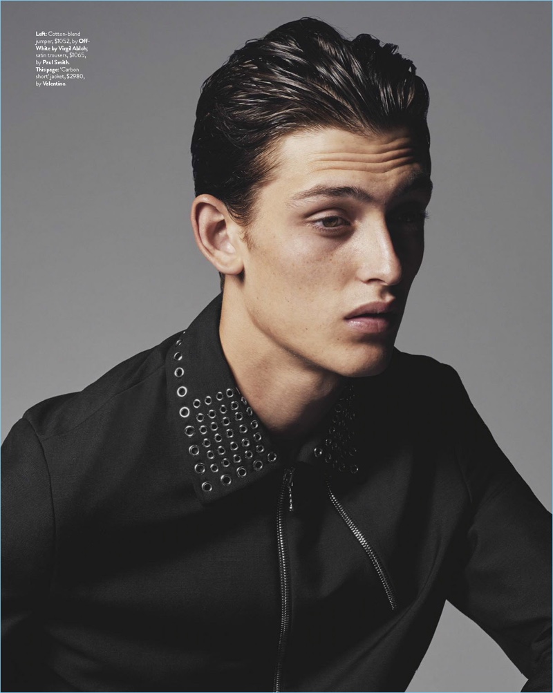 Model James Manley wears a Valentino jacket for the pages of GQ Australia.