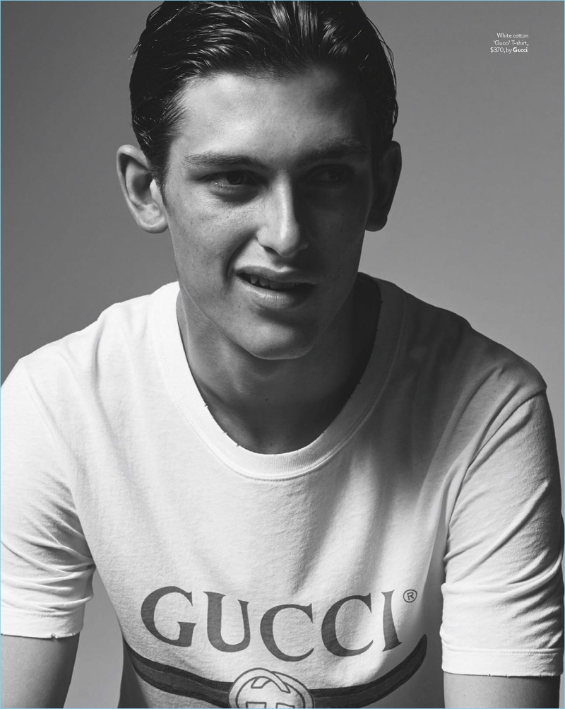 Embracing the logo trend, James Manley rocks a Gucci t-shirt.