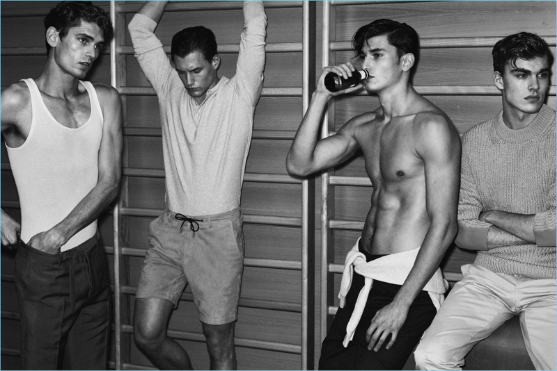 Left to Right: Arthur Gosse wears a Jockey wifebeater with Valentino pants. Maxim Nazarov wears a polo and shorts by Massimo Dutti. Dimytri Lebedyev wears a Massimo Dutti pullover with Ami pants. Right: Sasha Volosatov wears a Jil Sander sweater with Massimo Dutti trousers.