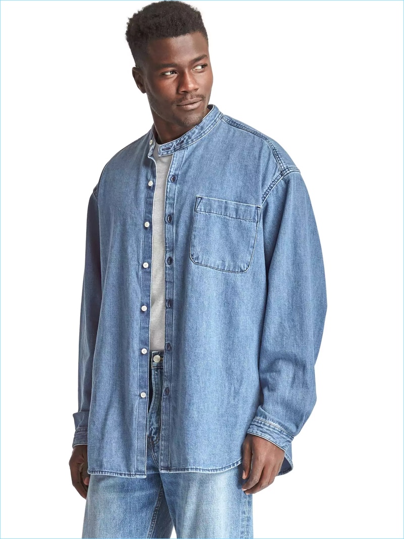 Embrace the 90s with Gap's Archive Re-Issue granddad collar heritage denim shirt.