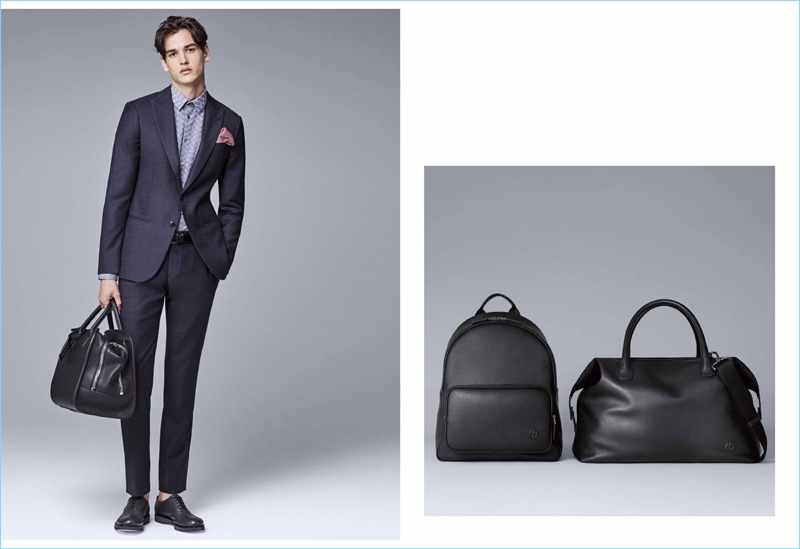 In addition to trim suits, Giorgio Armani showcases its luxurious leather bags.