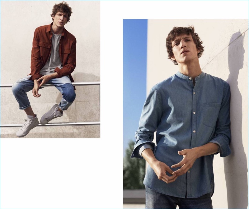 Left: Going casual, Xavier Buestel wears a cargo shirt, straight cropped jeans, a tee, and high tops by H&M. Right: Xavier wears a granddad collar denim shirt and skinny low jeans from H&M.