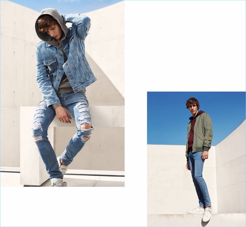 Left: Xavier Buestel wears a denim jacket, ripped jeans, hoodie, and sneakers from H&M. Right: Xavier rocks a H&M bomber jacket, hoodie, skinny jeans, and white sneakers.