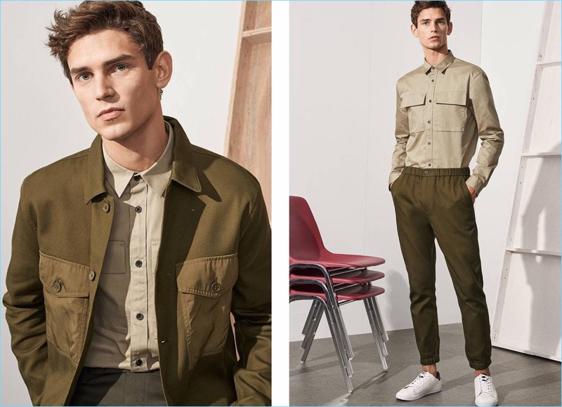 Left: Arthur Gosse sports two utility shirts with trousers by H&M. Right: Arthur wears a utility shirt with joggers and white sneakers.