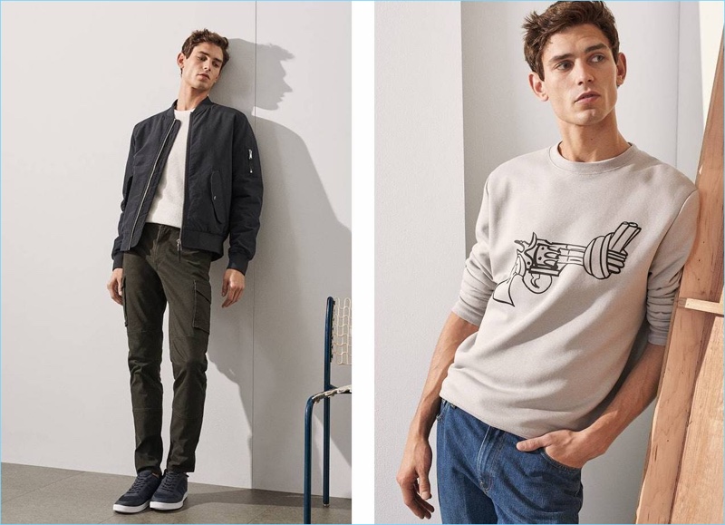 Left: Arthur Gosse is laid-back in a bomber jacket, scuba-look sweatshirt, slim-fit cargo pants, and sneakers. Right: Arthur sports a sweatshirt with a printed motif and denim jeans.