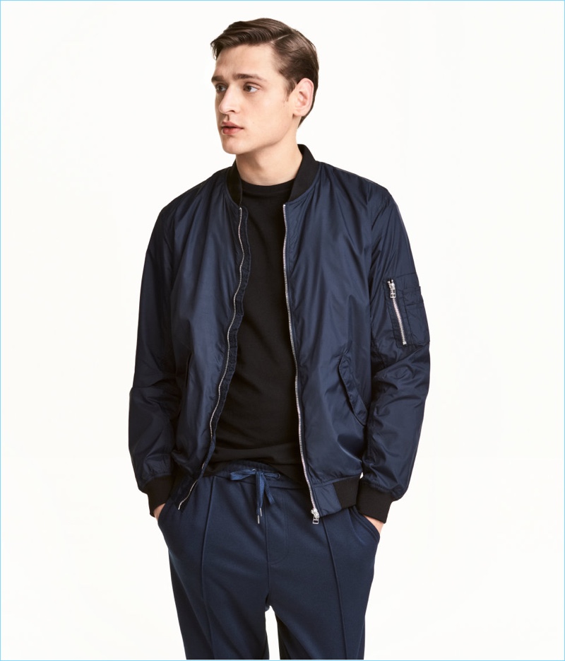 H&M turns out an essential men's bomber jacket in dark blue.