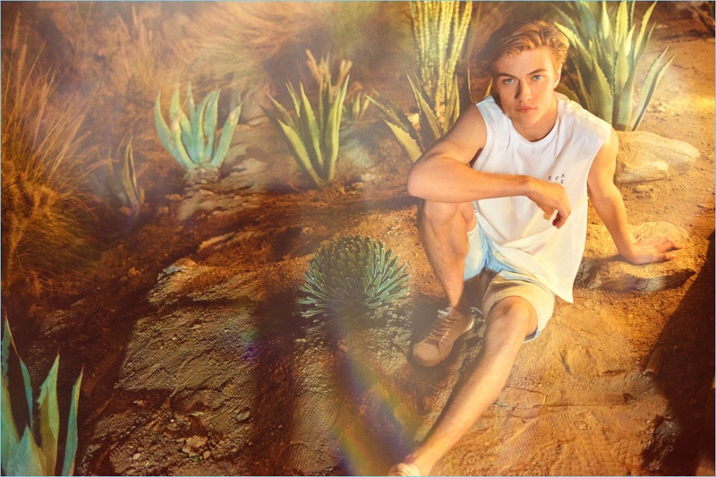 Model Lucky Blue Smith takes to the desert for H&M's Coachella campaign.