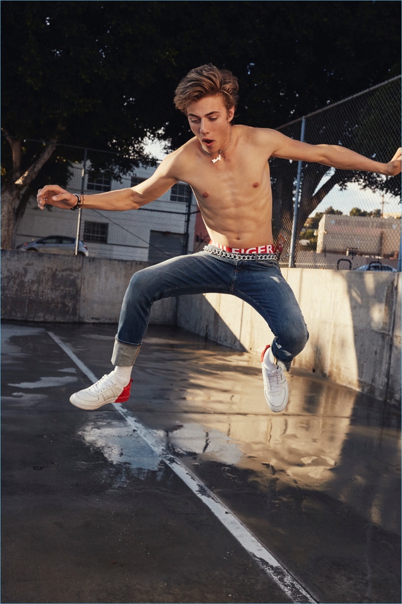 A shirtless Lucky Blue Smith stars in Hilfiger Denim's spring-summer 2017 campaign.