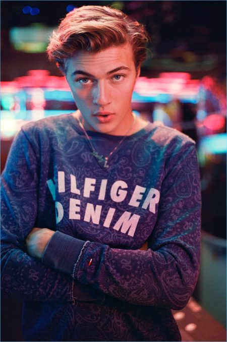 Lucky Blue Smith wears a logo pullover for Hilfiger Denim's spring-summer 2017 campaign.