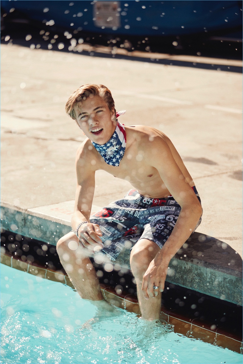 Taking in a warm day, Lucky Blue Smith relaxes shirtless for Hilfiger Denim's spring-summer 2017 campaign.