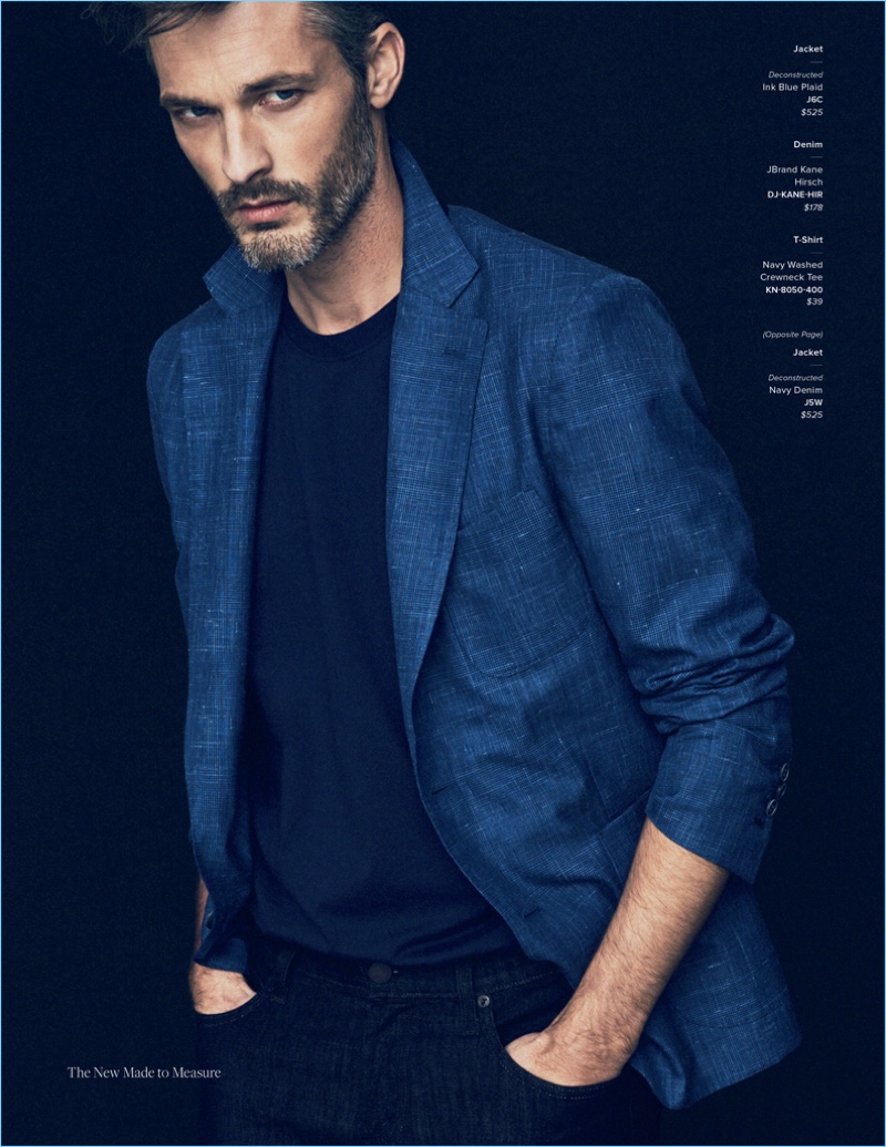 American model Ben Hill wears a blue linen blazer with a tee from J.Hilburn.