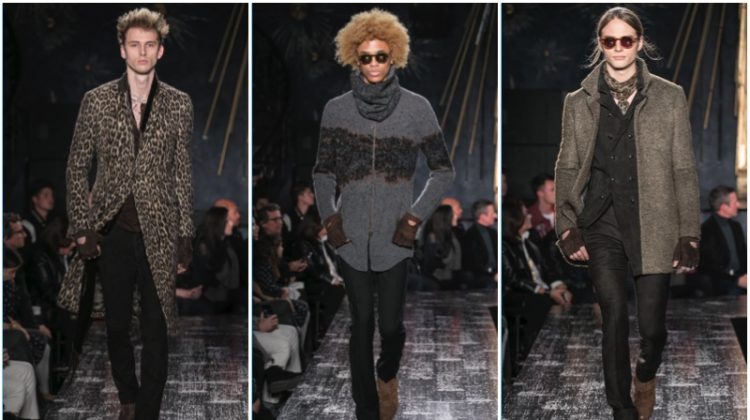 Machine Gun Kelly, Michael Lockley, and Nicola Wincenc walk for John Varvatos' fall-winter 2017 show.